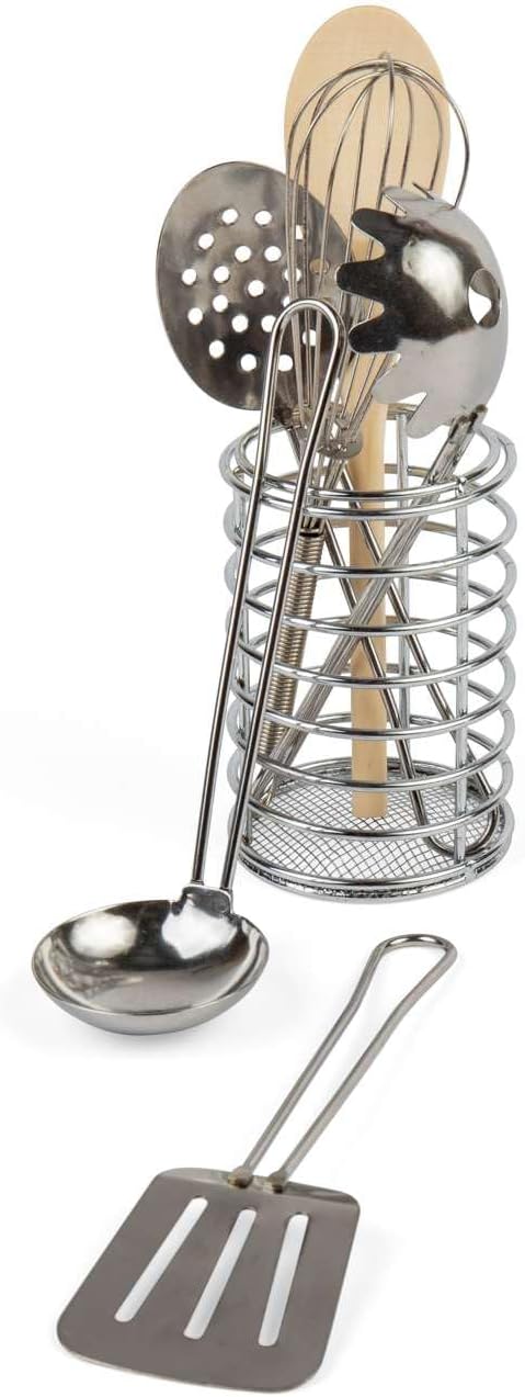 Bigjigs Toys Utensil Pot - 6 Piece Stainless Steel Cooking Utensils Set, Kids Kitchen Sets & Accessories, Toddler Play Toys, Cooking Gifts for Kids, Age 3+ Years Old
