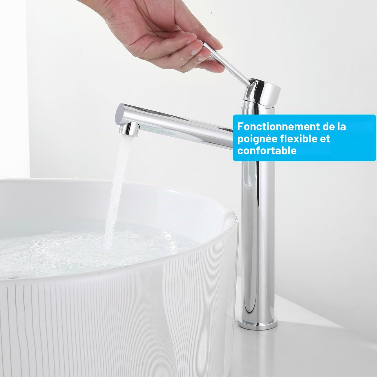 Robinet de Lavabo Haut, Mitigeur Vasque à Poser, Robinetterie Salle de Bain Chaud et Froid Réglable, Acier Inoxydable, Aérateur Démontable, Chromé