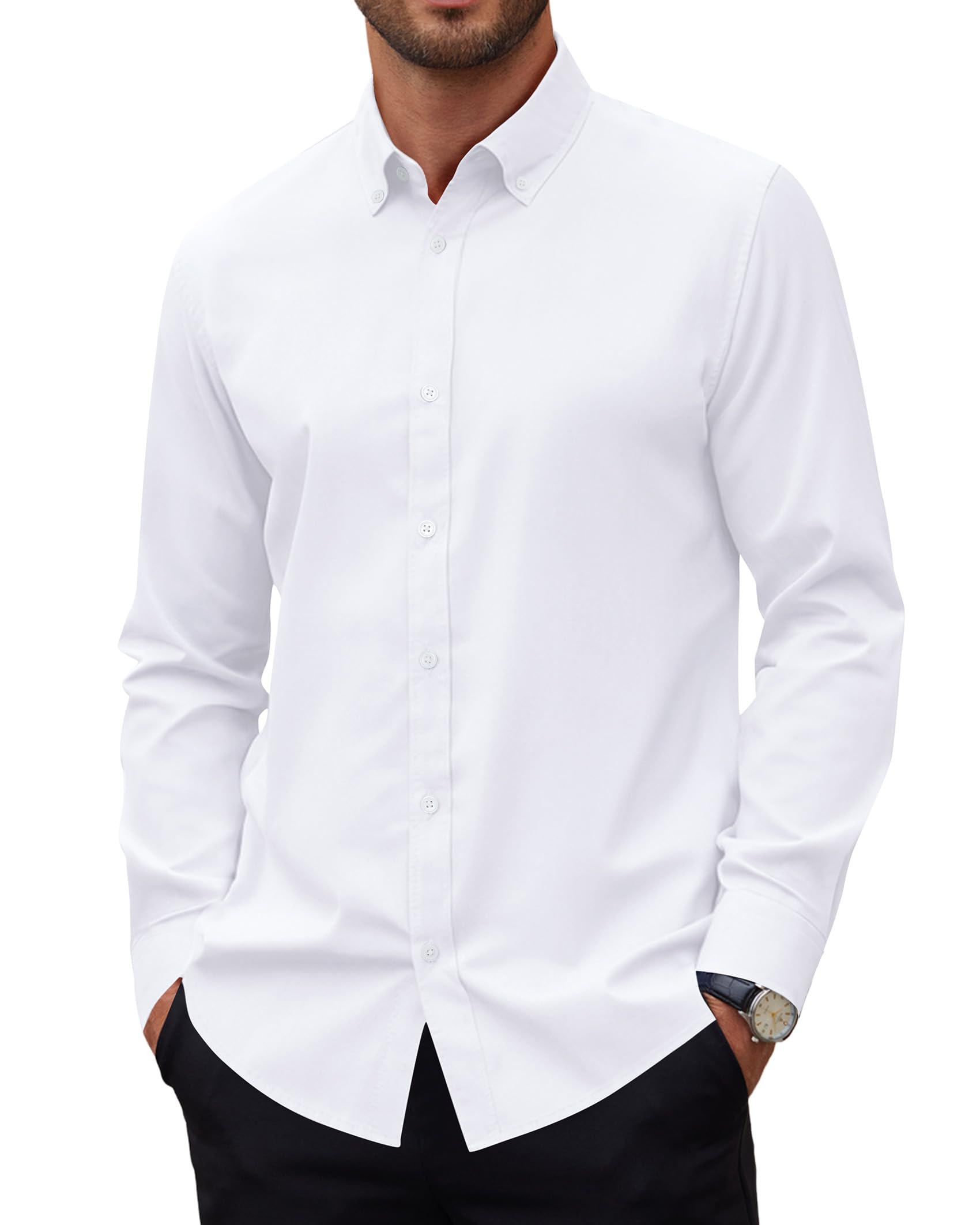 Alimens Gentle Mens Oxford Shirts Stretch Long Sleeve Dress Shirt for Men Casual Business Work Solid Button Down