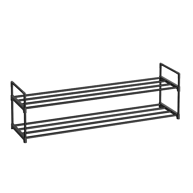 SONGMICS 2-poziomowy stojak na buty, metalowy regał na buty, na 10–12 par butów, półka do układania w stos, do przedpokoju, salonu, sypialni, 30 x 116 x 34 cm, czarny LSA032B01