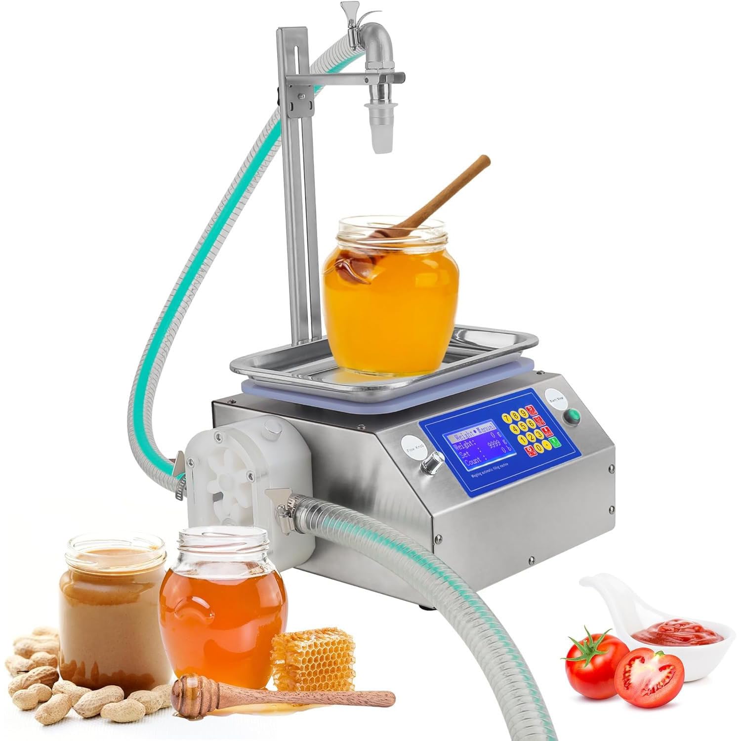 BOOZXCV Automatic Filling Machine for Viscous Liquids, 7L/min Filling Volume 20g-10000g, Quantitative Filling Machine for Honey Bottles Wine Glue Oil Tahini Glue Paste Detergent