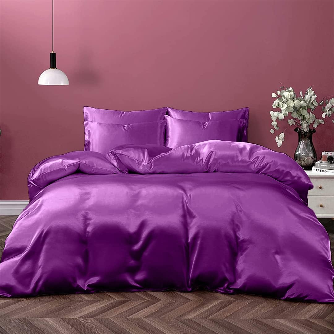 Silk Satin Sheet Set| 100% Pure Silk Satin Sheet Set 7pc Silk Fitted Sheet 15" Deep Pocket, Silk Flat Sheet, Silk Duvet Cover & Pillowcases Set !!(Purple, Full XL)