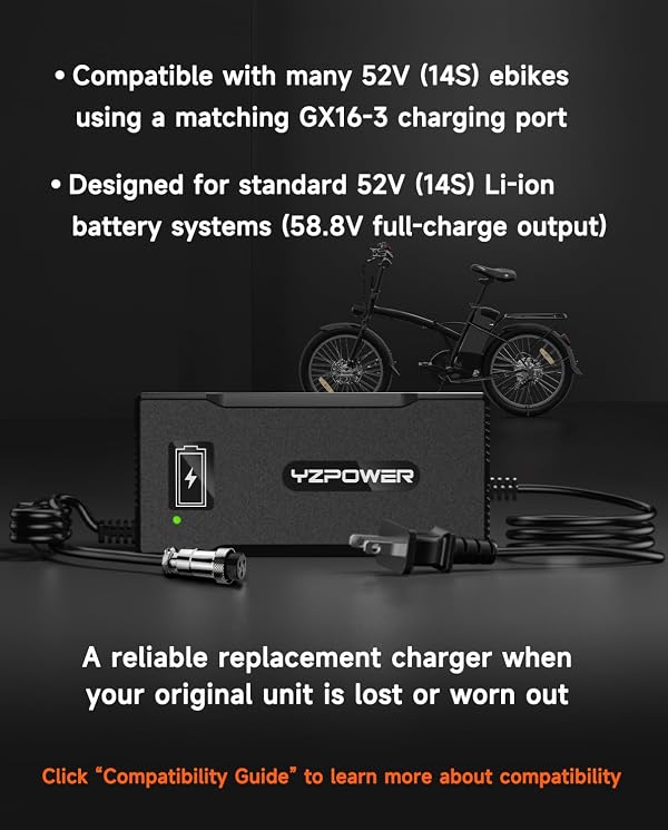 YZPOWER 58.8V 4A Charger for 52V (14S) Lithium Battery, GX16‑3 3‑Pin Aviation Connector (Female 3‑Hole), 100–240V Smart Charger for Electric Bike/Ebike & Electric Scooter by YZPOWER - Image 4