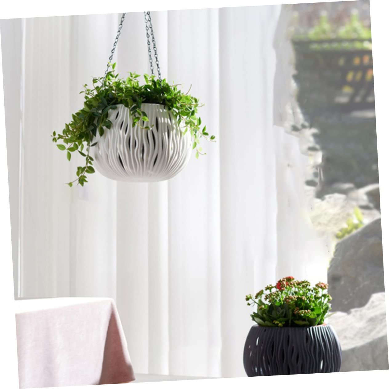 Happyyami Hängender Blumentopf aus Kunststoff mit Ketten Weißer Pflanzkorb im Korbdesign für Innen und Garten für Sukkulenten und Kakteen Geeignet