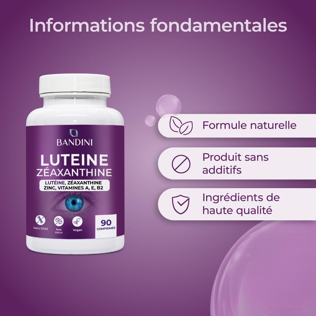 Bandini® Lutéine et Zéaxanthine à Haute Dose, Complément Antioxydant pour les Yeux avec Myrtille et Vigne Rouge, Zinc, Vitamines A, B2 et E – Soutien Naturel de la Vision – 90 Comprimés