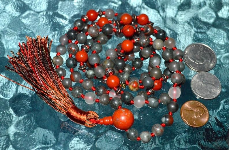 Cuentas Mala de piedra de jaspe verde musgo de piedra de sangre, 108 Mala anudada, collar WWG, joyería de yoga, cuentas de meditación, joyería espiritual, joyería bohemia, 34inch, Gema