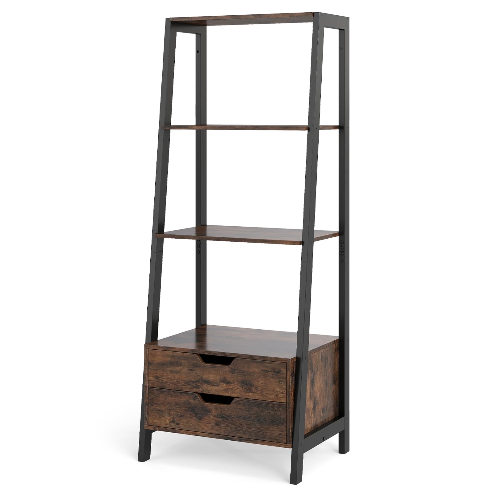 HOMASIS Librería Escalera de Madera con Patas, Estantería Mural con 2 Cajones, Mueble de Almacenamiento con Estantes Escalonados para Dormitorio, Salón, Despacho, 52 x 40 x 134 cm (Marrón)