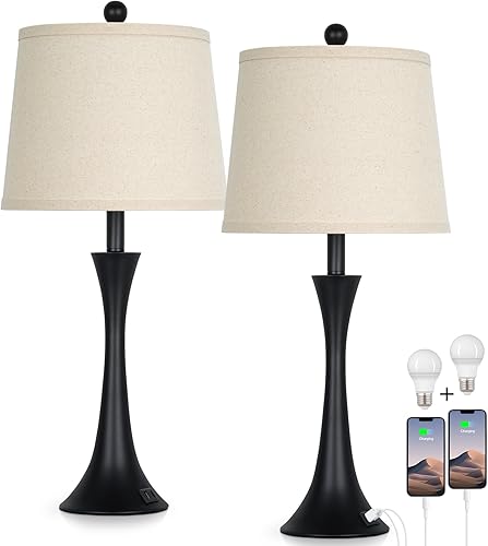 Miniatura 7 de 27.5" Table Lamps Set of 2, Touch Bedside Lamps with USB C+A Ports, 3 Way Dimmable Nightstand Lamps for Bedroom, Living Room, Office, Black Lamp