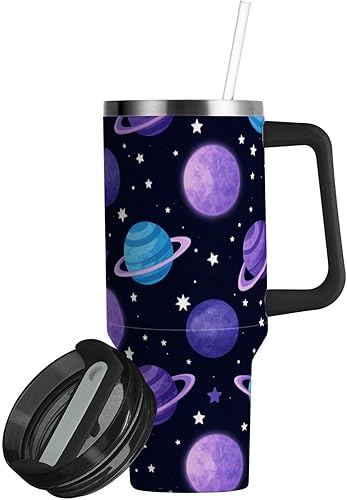 Miniatura 2 de Botella de agua de boca ancha al vacío con diseño de planeta espacial de dibujos animados, con correa, tapa a prueba de fugas y pajita, taza de café