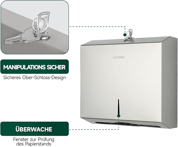 anydry Wandmontierter Papiertuchspender – 250-Blatt-Kapazität polierter Edelstahl abschließbar geeignet für Mehrfalt-/Z-Falt-Tücher (gefaltene Größe ≤ 27 cm x 10 cm) Spazzolato