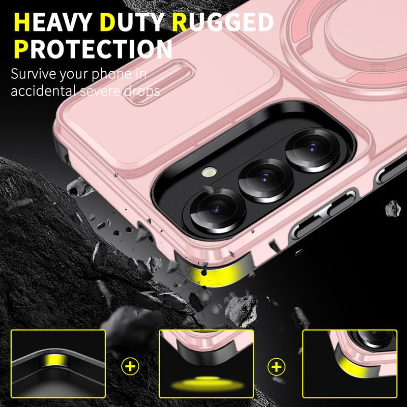 Image of LuxuryKase Shockproof Rugged Case for Samsung Galaxy S26 Plus | Slide Camera Cover | 360 Rotating Ring Kickstand | Military-Grade Protection - Rose Pink