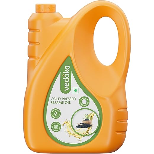 Amazon Brand - Vedaka Cold Pressed Sesame Oil | 5 L Bottle | Gingelly Oil | Cheku/Ghani Oil | 100% Pure, Unrefined | Contains MUFA & Omega-6 PUFA | Contains Natural Antioxidants Lignans & Tocopherols