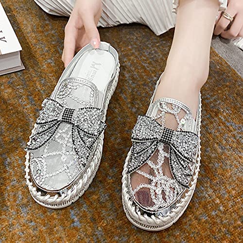 Image of Women's Platform Rhinestones Glitter Sneakers,Fashion Cute Bow Comfy Breathe Canvas Hand-Stitching Slip On Casual Walking Flat Loafers