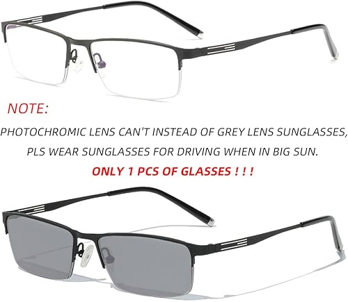Miniatura 2 de Anteojos de lectura fotocromáticos para hombres de negocios cuadrados de metal con medio marco para lectores de lentes fotocromáticas al sol (negro,