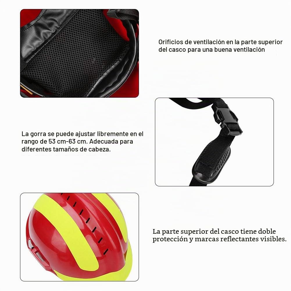 Casco de protección, Casco de Seguridad para Rescate Profesional, Casco antiincendio, antigolpes, Casco con Linterna Frontal y Gafas (Rojo)