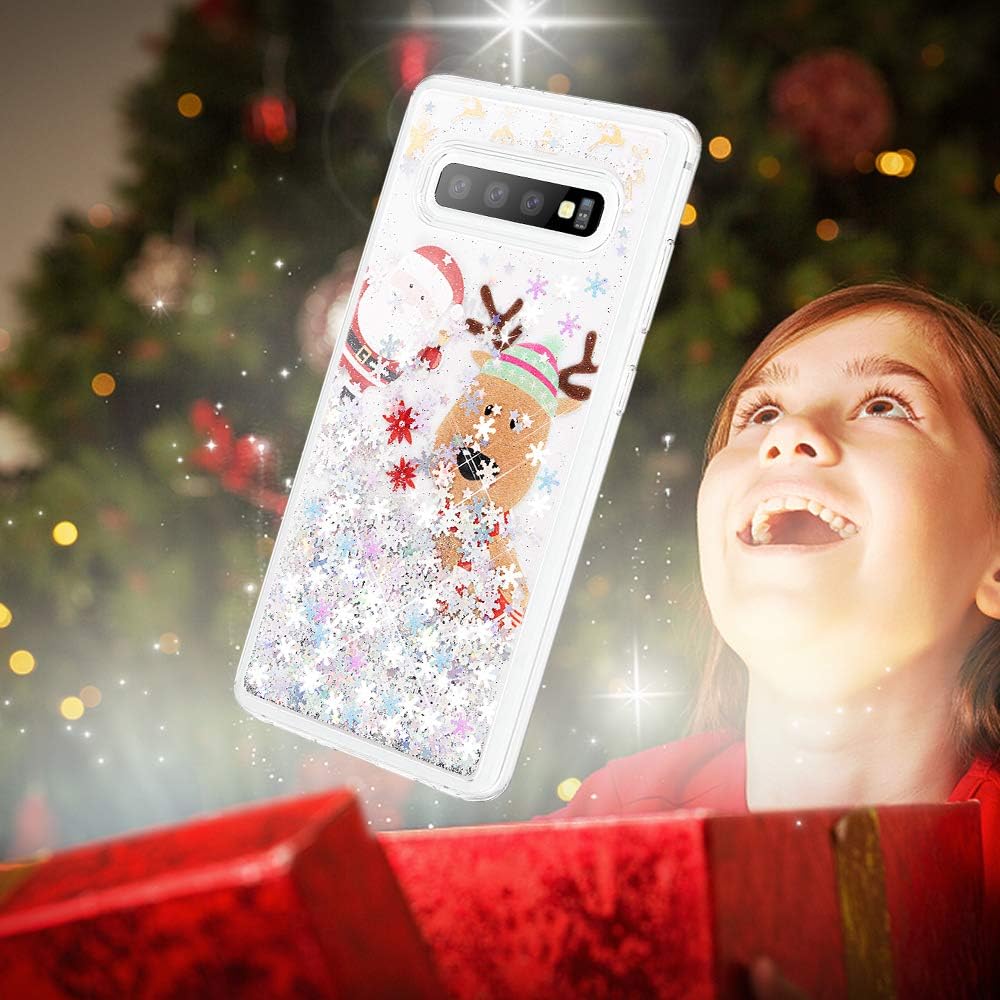 Caka Case for Galaxy S10 Glitter Case Christmas Santa Bling Sparkle Shining Liquid Luxury Fashion Flowing Floating Quicksand Glitter Women Girls Silver Snowflake Case for Samsung Galaxy S10 (Moose)