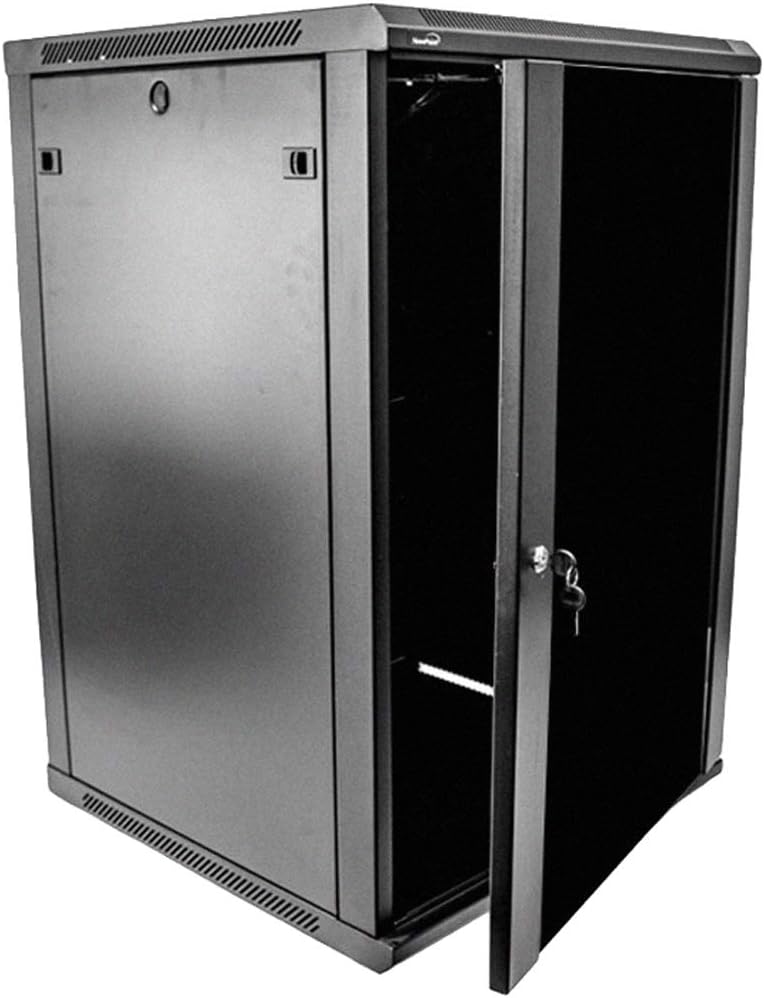 NavePoint18U Server Rack Enclosure - 23.6” Deep, 18U Wall Mount Network Cabinet with Locking Glass Door for 19” IT Equipment, 18U Network Rack with 2 Fans, Removable Side Panels, Black
