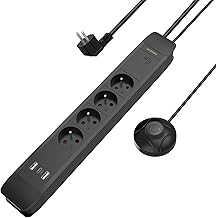 Multiprise avec Interrupteur pour Pied, 4 Prises, USB-A/C 20W,Multiprise Murale Câble de 1,5m, Noir