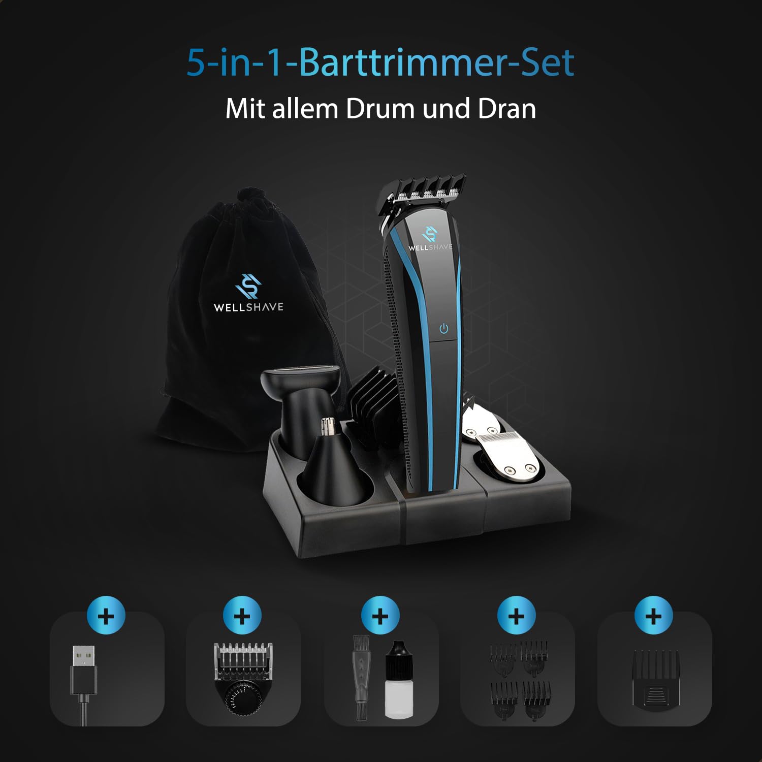 5-in-1 Bartschneider Herren Iced™ / Barttrimmer Herren/Haarschneidemaschine für Gesicht, Körper, Schnurrbart, Nasenhaare/Bart Rasierer Trimmer Herren Elektrisch, Haartrimmer Herren