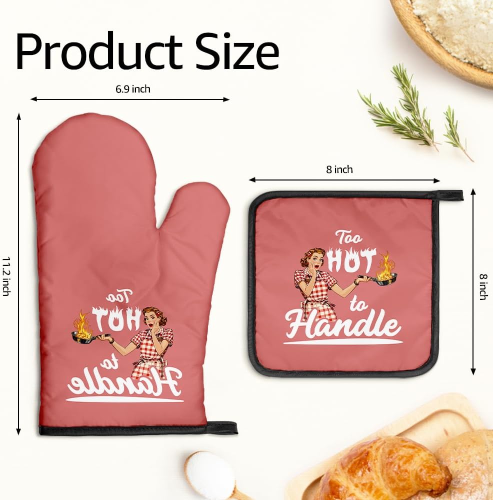 Too Hot to Handle Funny Oven Mitts and Pot Holders Sets, Retro Kitchen Decor Oven Mitts for Women, Baking Gifts for Her Housewives, Housewarming Present for Bakers, Hostess Gifts for Mom Wife - Image 2