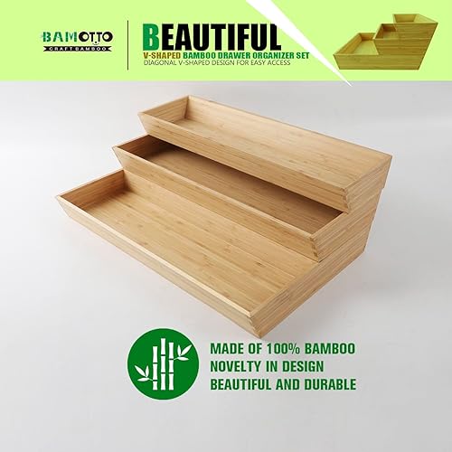 Miniatura 4 de Juego de 3 organizadores de cajones de bambú en forma de V, platos grandes y largos de cocina, caja de almacenamiento de cubiertos y cubiertos,