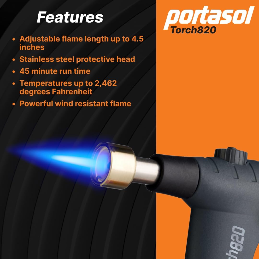 PORTASOL Pro-Grade 820 Butane Torch, Piezo Ignition System, Safety Lock, Adjustable Flame Used for Cooking, Jewerly Making and Soldering | Output 50-820 Watts