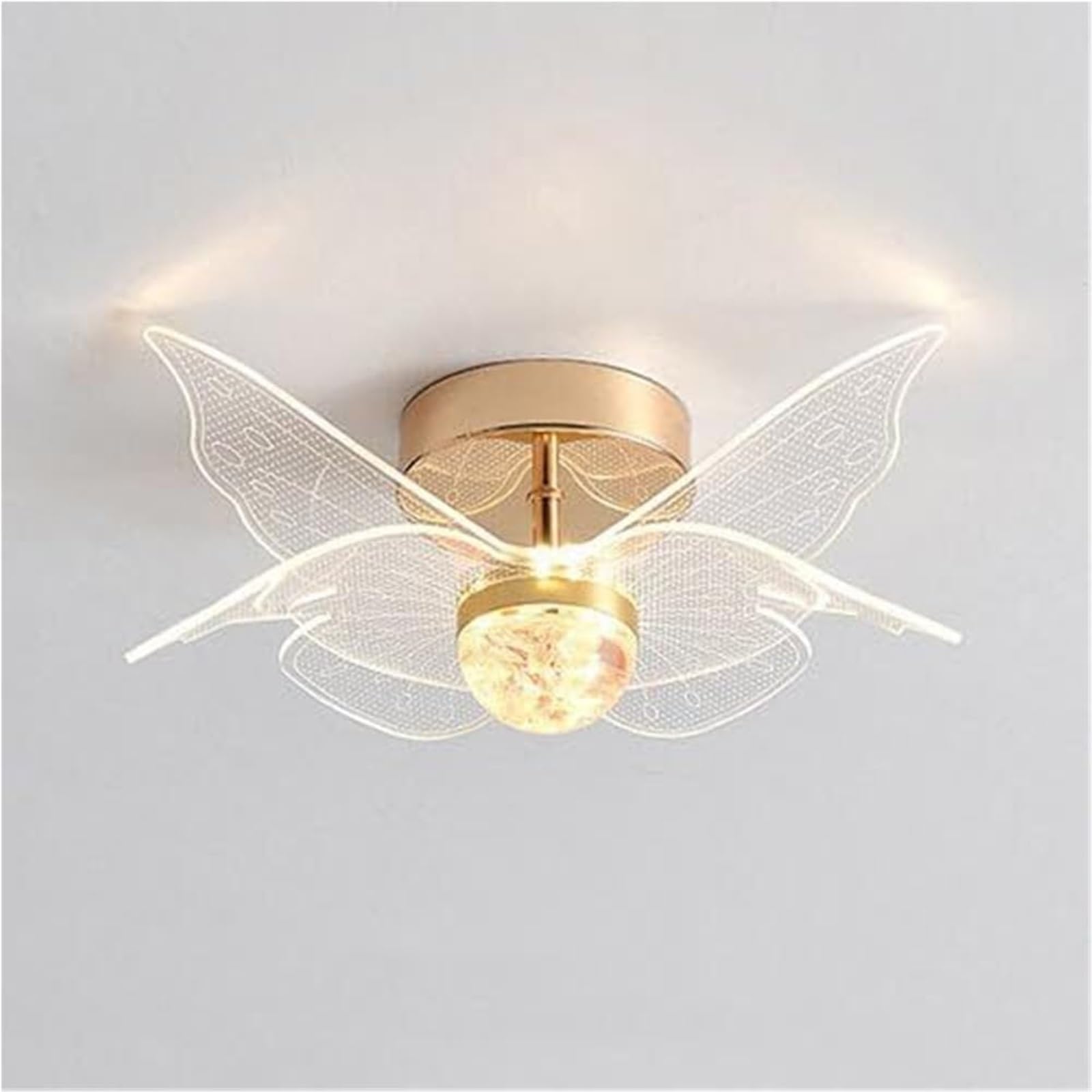JingNian Lampa sufitowa w złotym motylu w stylu francuskim Akrylowy klosz, 3 kolory do ściemniania, półwpuszczana do sypialni, pokoju dziecięcego, przedpokoju