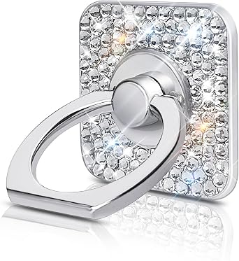 Bling Crystal Rhinestone Cell Phone Ring Holder Grip,360Rotation Metal Finger Cute Glitter Stand Kickstand Universal Compatible with iPhone Samsung Galaxy LG Google iPad Silver Square