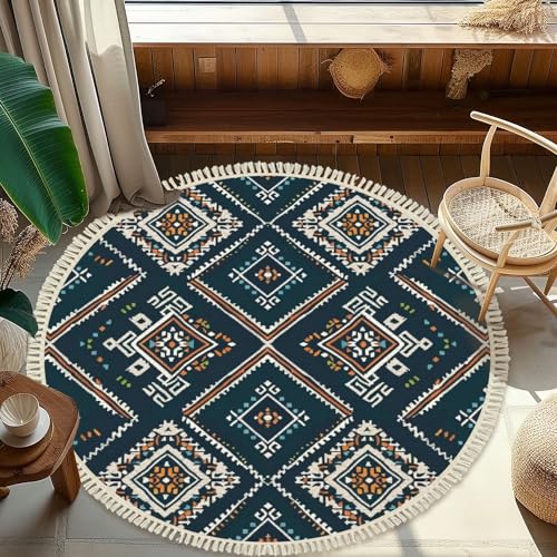 Round Boho Area Rug Weaving Inspired Seamless Pattern Filipino Tapestry Geometric Textile Tassels Linen Rug Woven Carpet Minimalist Home Decor for Living Room Bathroom Bedroom Patio Outdoor 4ft