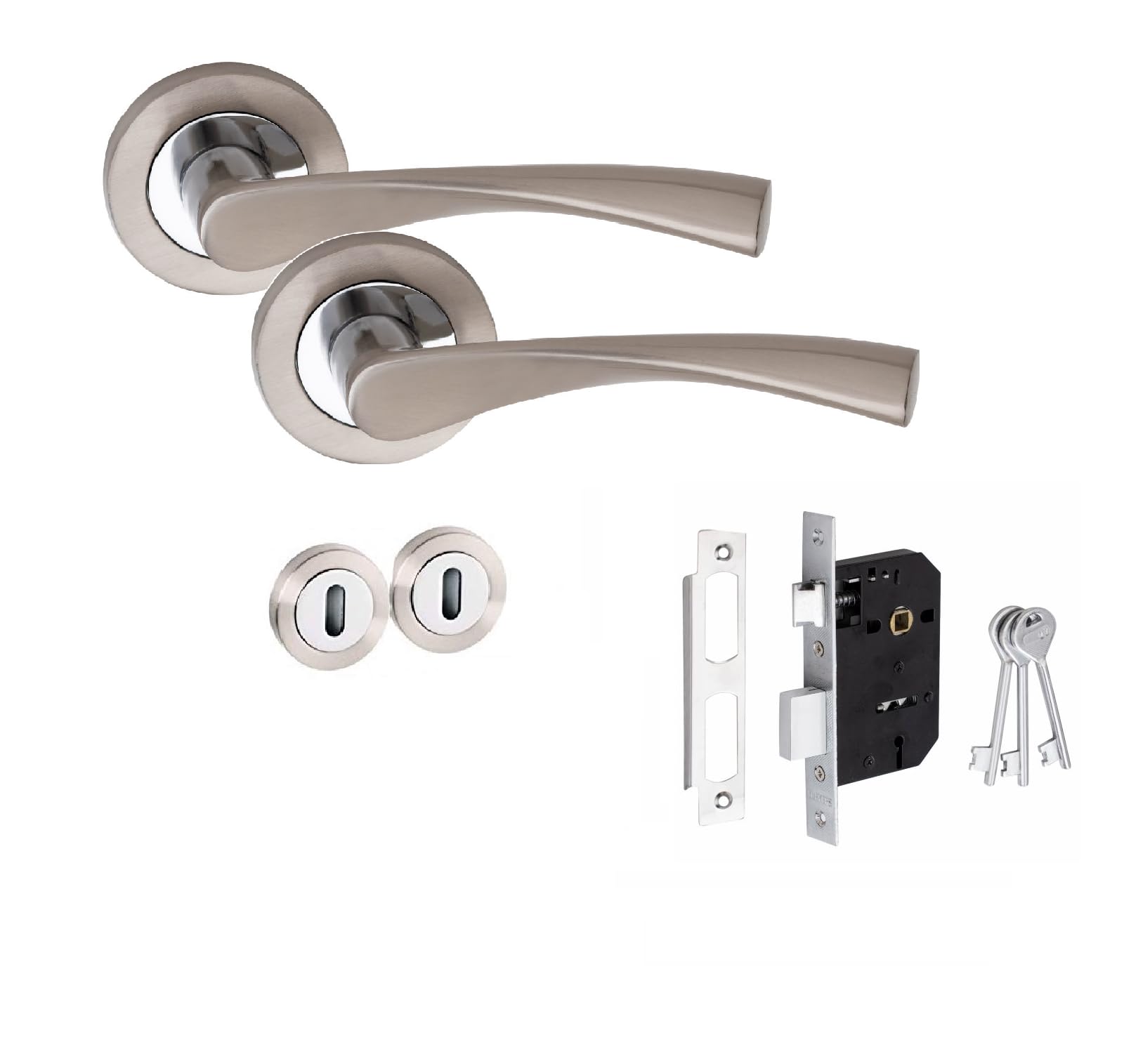 Golden Grace Duo Finish Satin Nickel Polished Chrome Astrid Design Key Lock Door Handles Set On Round Rose In Duo Chrome Finish With 64Mm 3 Lever Mortise Lock & Key Hole