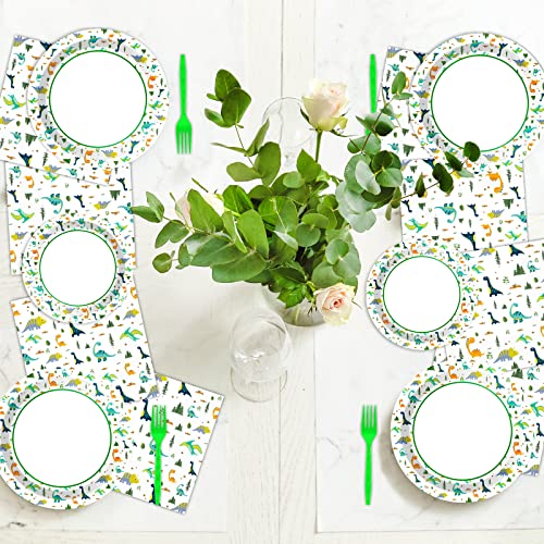 image for Wiooffen 96 Pc Dinosaur Party Plates, Napkins, Watercolor Birthday Tab