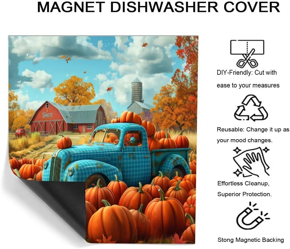 Fall Truck Pumpkins Dishwasher Magnet Cover, Farmhouse Halloween Magnetic Decals, Refrigerator & Dishwasher Covers