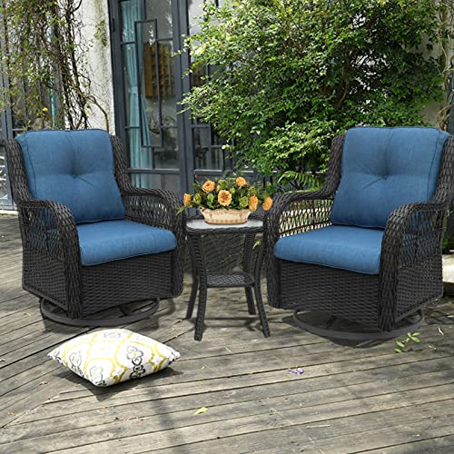 KAHOO 3 TLG Rattan Balkonmöbel Set wetterfest, Rattanmöbel mit 2 360° drehbaren Stühlen, Balkon Bistrotisch aus Glas, Gartenmöbel, Terrassenmöbel, Balkonset Lounge Cover