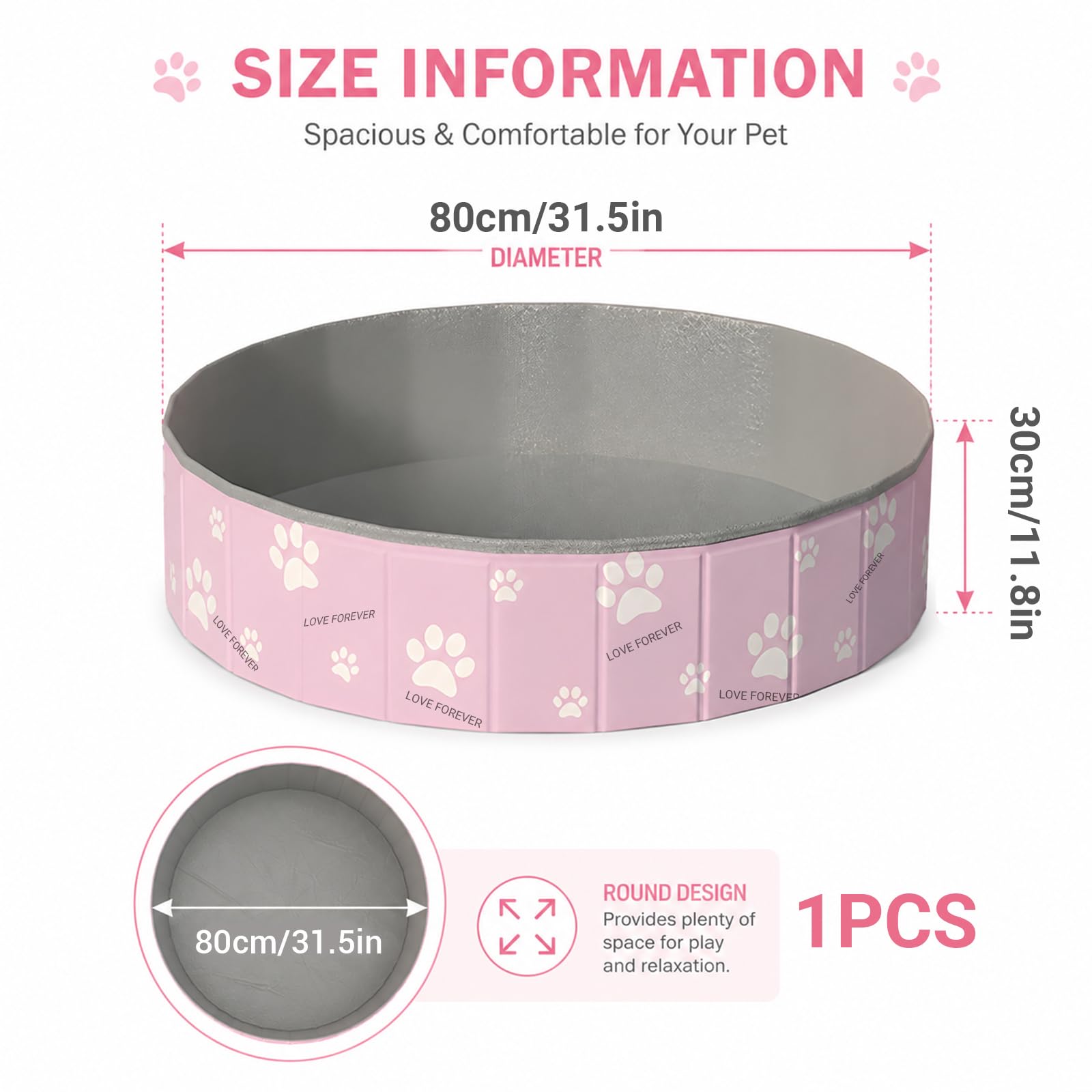 ZoneYan Piscina Pieghevole per Cani 80 * 30 cm, Vasca da Bagno per Cani Antiscivolo in PVC, Piscina per Cani con Doppio Scarico, Doccia Pieghevole per Animali per Cani Piccoli e Medi (Rosa)
