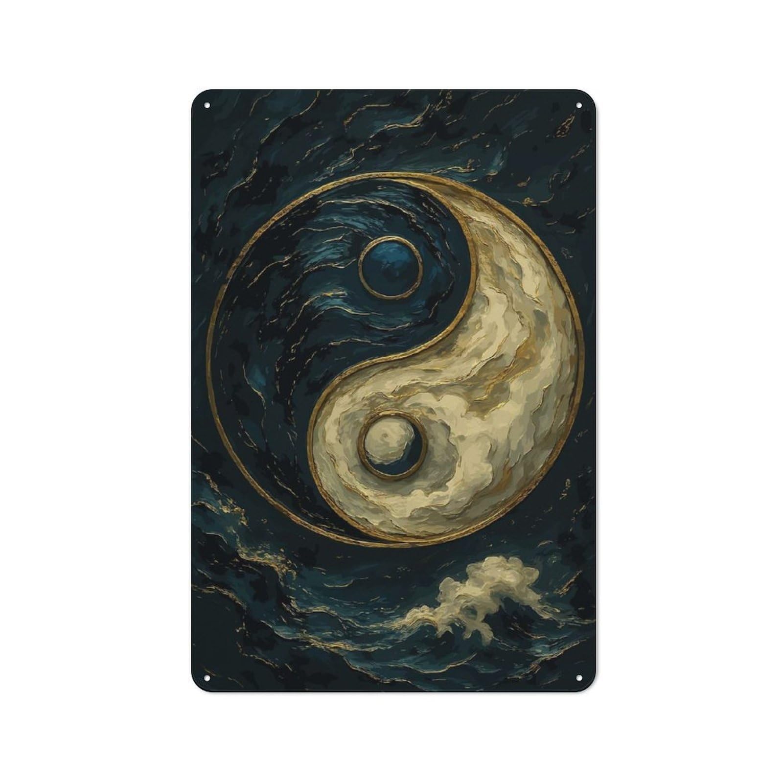Yin Yang Symbol with Golden Accents Vintage Metal Wall Decor 30x20cm, Vintage Tin Sign for Bakery, Diner, Cafe Or Family Room