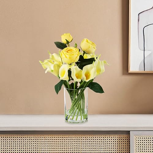 Miniatura 6 de ENOVA FLORAL Mezcla de lirio artificial de tacto real y flor de rosa en jarrón de vidrio con agua sintética, arreglo floral sintético en jarrón para