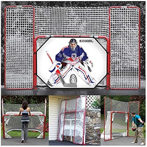 EZGoal 4' x 6' Hockey Folding Steel 2" Goal with 10' x 6' Backstop, 4 Targets Nets, a New Shooter Tutor, Red Cover