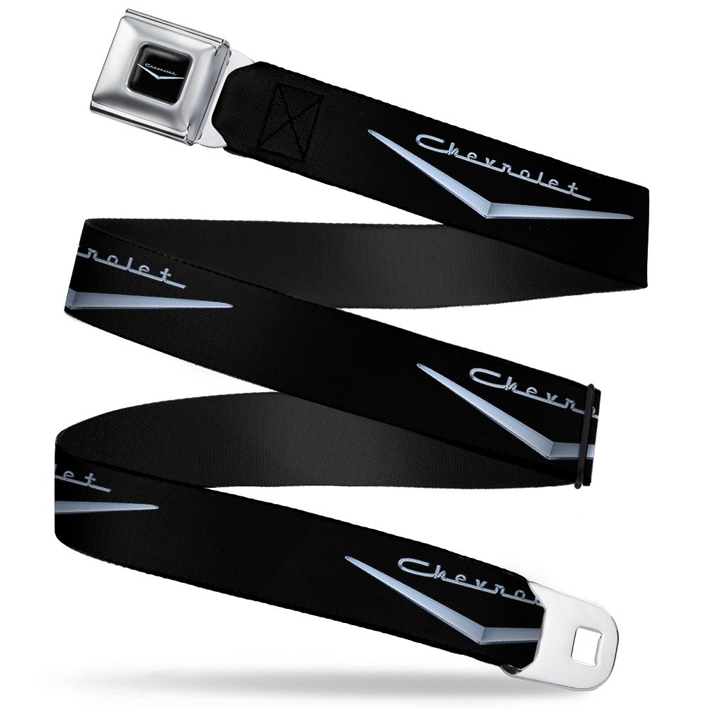Buckle-Down Seatbelt Belt - 1955-57 CHEVROLET V Emblem Black/Silver - 1.0" Wide - 20-36 Inches in Length