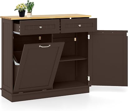 MAT EXPERT Tilt Out Laundry Hamper, 15.5-Gallon Free Standing Wooden Trash Can w/Storage Drawer & Adjustable Shelf, Kitchen Waste Bins Cabinet for Laundry Room,Pet Proof Tilt Out Trash Cabinet, Brown