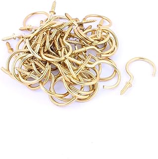Aexit 50 Pcs Accessories 4mm Brass Plated Shouldered Cup Hook Screw in Hat Coat Surveillance Camera Cables Peg Bolts