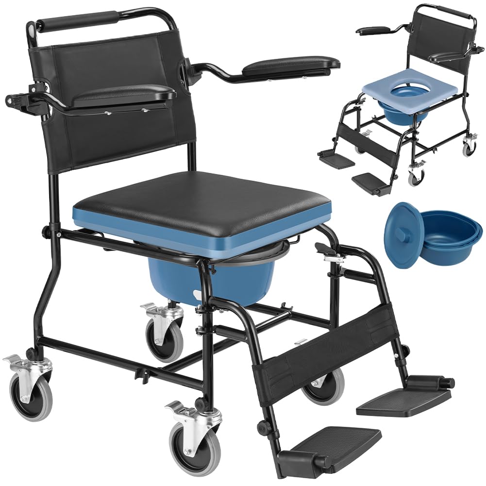BAKAJI Sedia da doccia per Anziani Comoda con Secchio Rimovibile e Coperchio, Ausilio WC con Braccioli Basculanti, Rialzo Water Resistente, Sedia a Rotelle Persone con Mobilità Ridotta, Max. 110kg