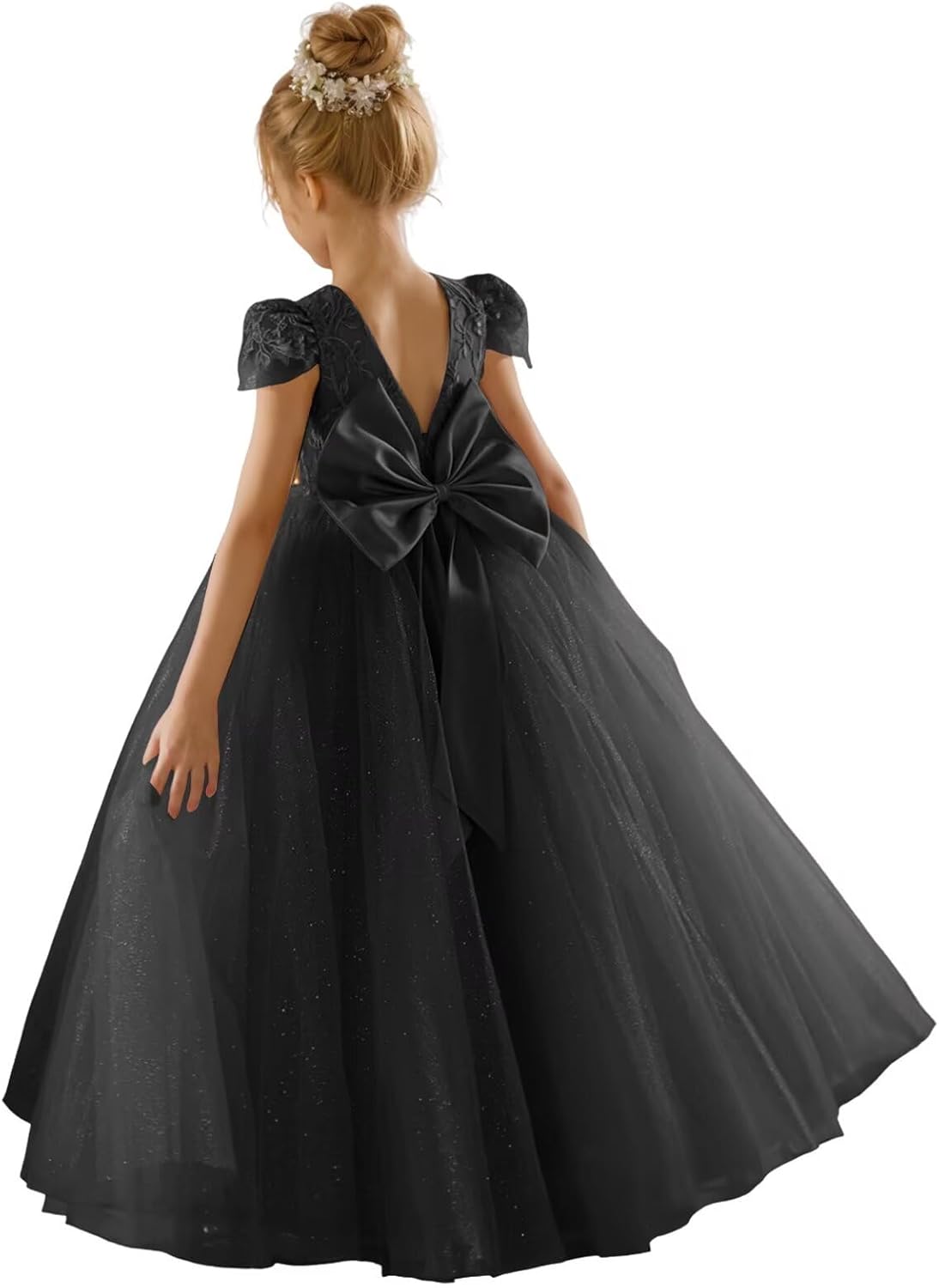JISISANG Flower Girls Lace Cap Sleeve Dress for Wedding Puffy Tulle Back V-Neck Pageant Prom Ball Gown with Bow
