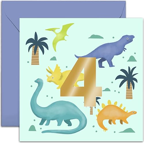 Miniatura 1 de Old English Company Tarjeta de cumpleaños de 4 años de dinosaurio para niño o niña, tarjeta de felicitación temática para sobrino, hijo, nieto,