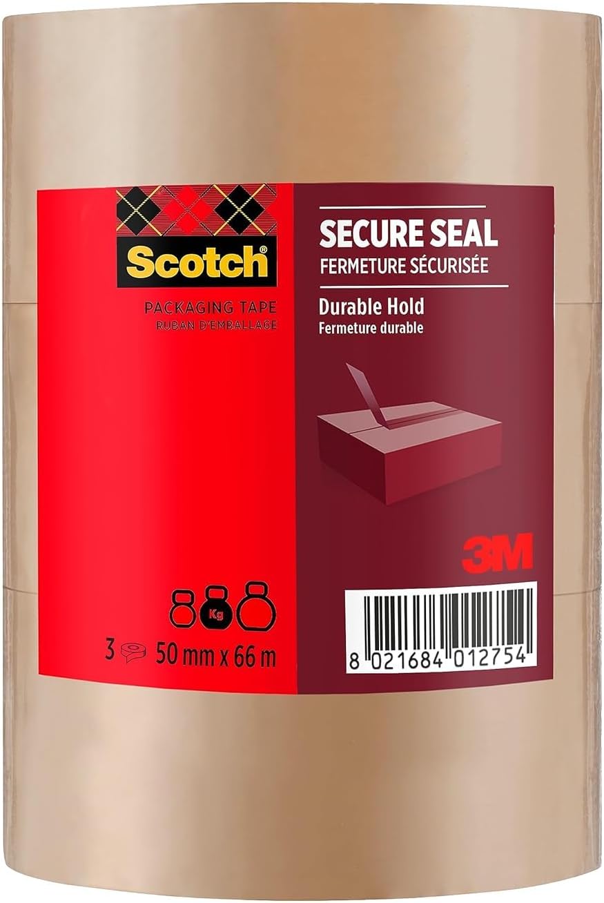 Scotch Secure Seal Packaging Tape Brown 50 mm x 66 m 3 Rolls/Pack - Ideal for Packing Boxes and Parcels