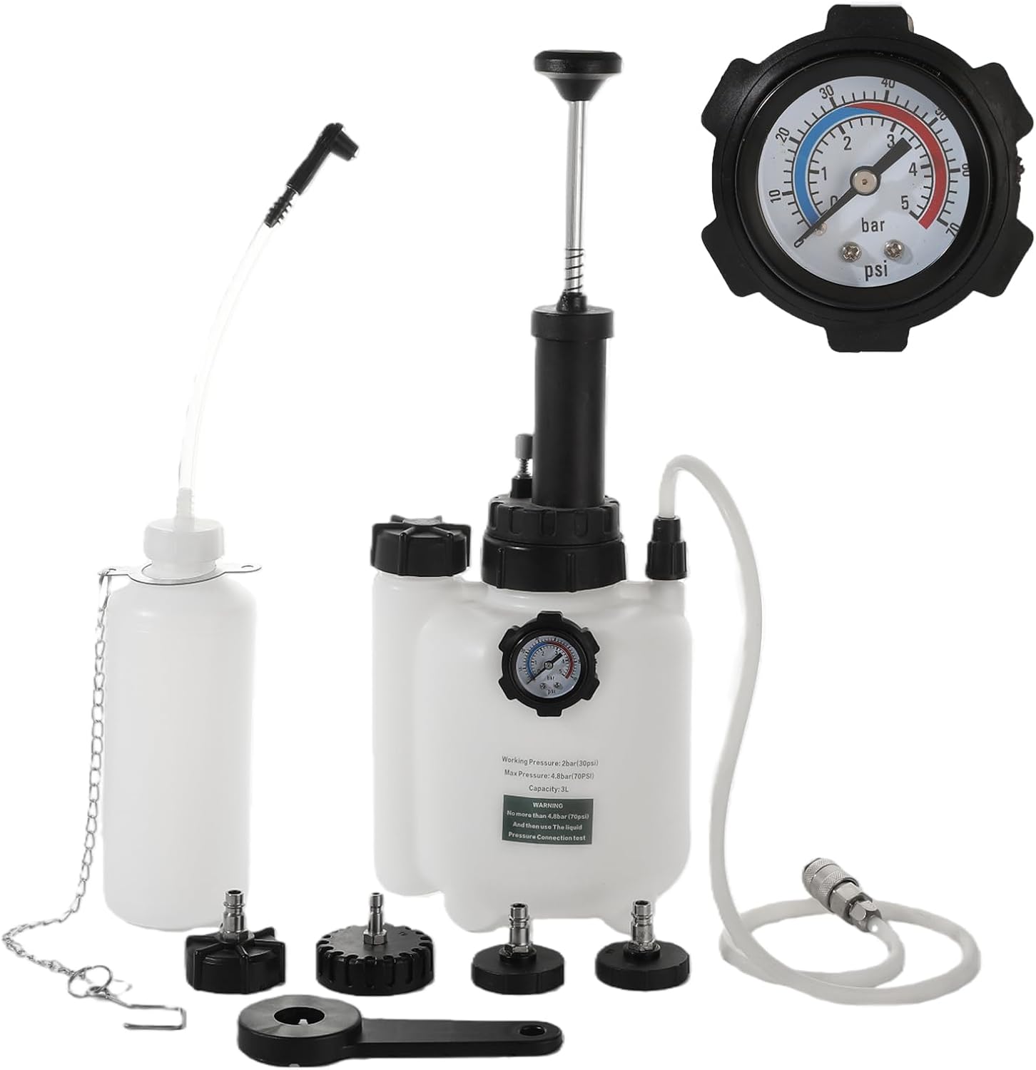 3L Manual Brake Bleeder Kit with Vacuum Pump - 1L Waste Bottle, 4 Upgraded Master Cylinder Adapters & 2 Brake Hoses, One-Person Operation Brake Fluid Bleeding Tool for Most Vehicles