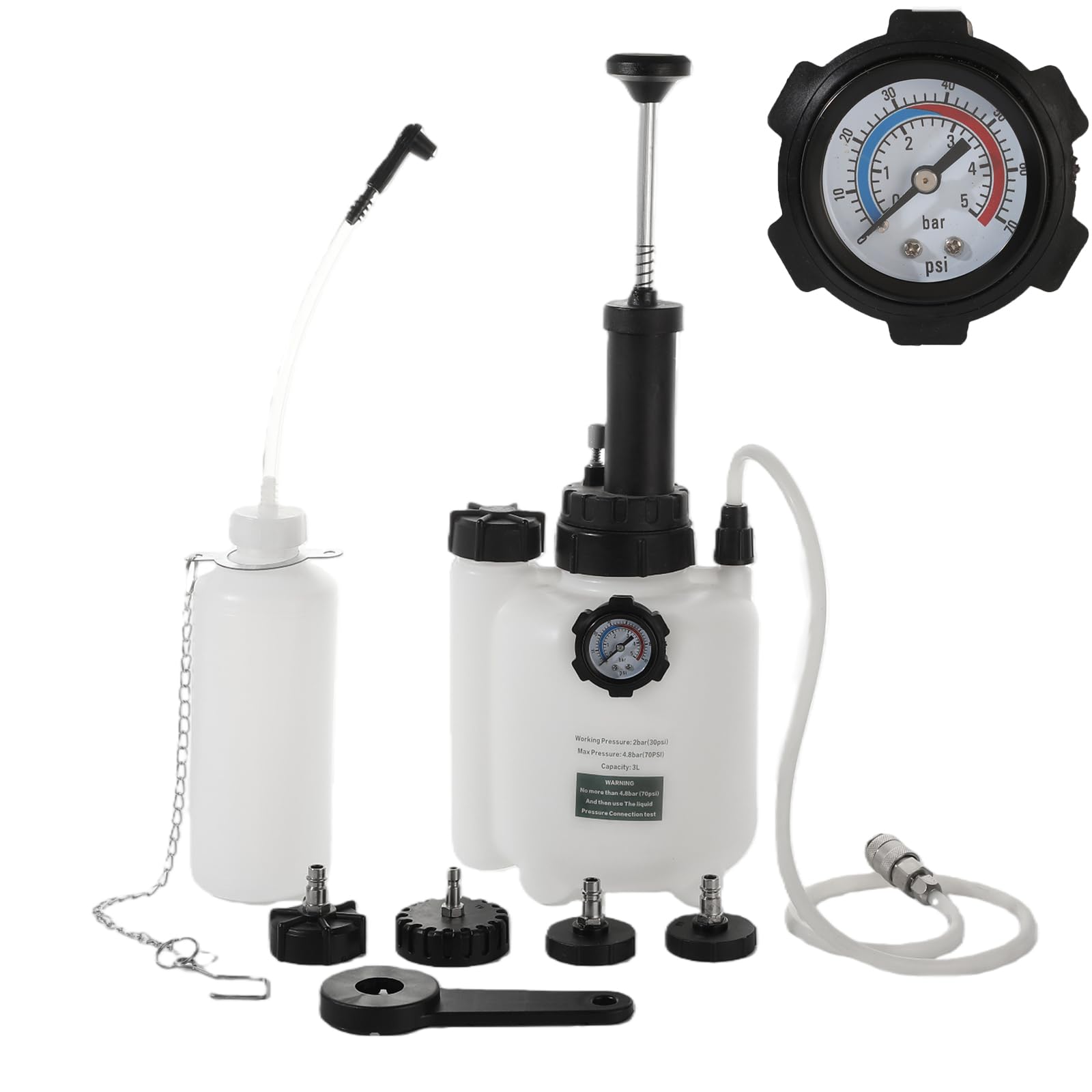 3L Bremsenentlüftungsgerät und 1L Bremsflüssigkeits Auffangbehälter – Manuelles Kit für Bremsflüssigkeit Wechsel & Entlüften, E20 Adapter für meisten europäischen Autohauptzylinder (4 Adaptern)