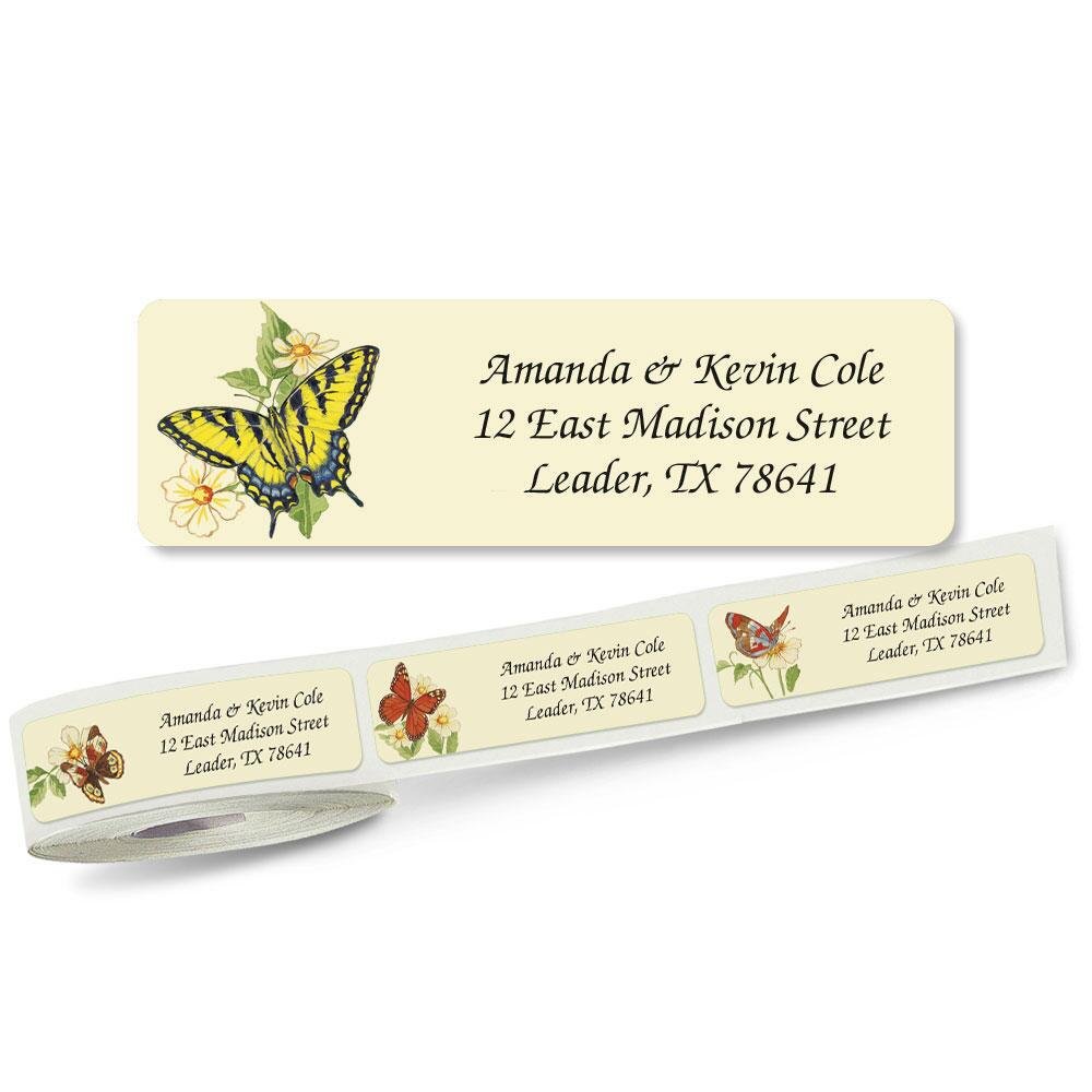 Butterflies Rolled Personalized Return Address Mailing Labels with Dispenser, Set of 250, 5 Designs, Small ¾ x 2½ Inch Size, Custom Self-Adhesive