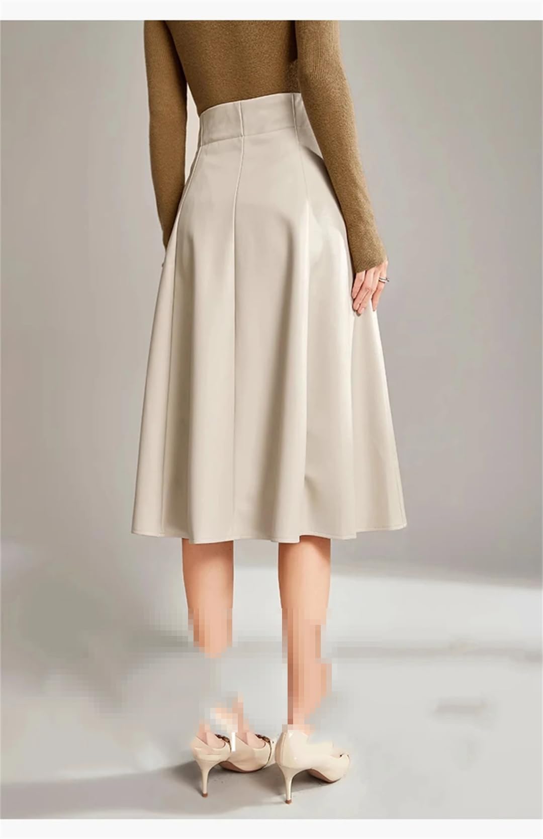 Falda hasta la Rodilla de Cuero sintético Suave y Elegante para Mujer Falda Midi de Cintura Alta con Bolsillo,Fblanco-XL