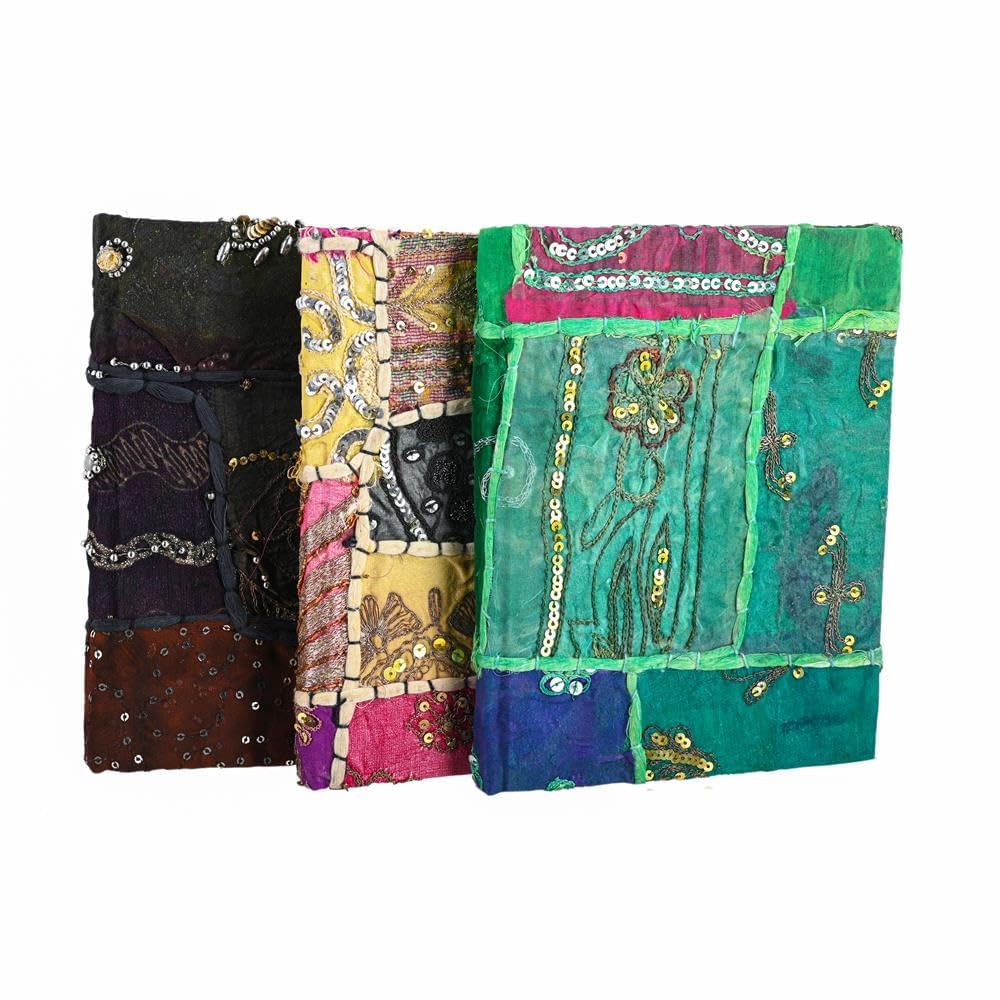 Arts & Crafts Ręcznie robiony papierowy dziennik w stylu vintage, boho, patchworkowa okładka, haftowany notatnik z cekinami i jari, pamiętnik, wyjątkowy prezent dla pisarzy i podróżników