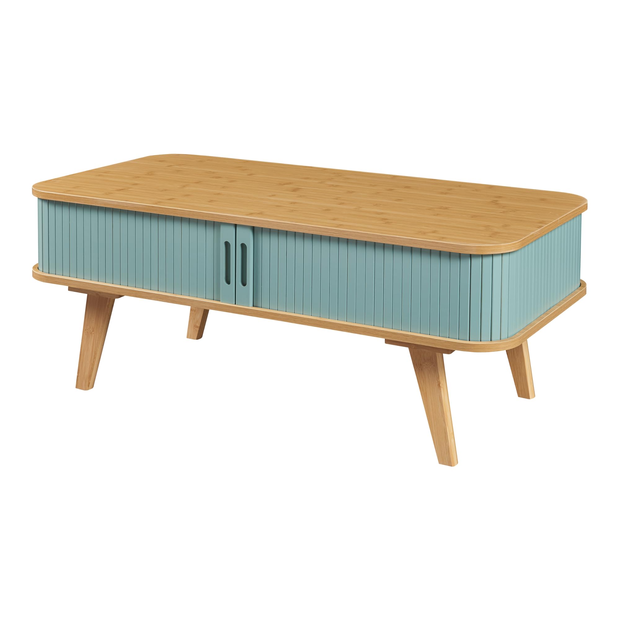 Table Basse Design Scandinave 120 X 55 X 40 Cm - Rangement Portes Coulissantes, MDF Bambou, Pieds Métal Noir